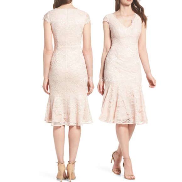 ADRIANNA PAPELL Flounce Hem Lace Dress In Blush - Picture 2 of 5